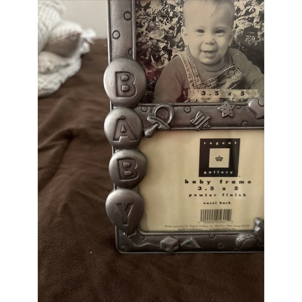 Vintage Regent Gallery Pewter Finish Double Baby Photo Frame 3.5x5 Teddy Bear